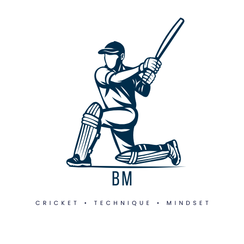 Black silhouette of a cricket batsman playing a lofted shot with the text BattingMind and tagline Cricket Technique Mindset